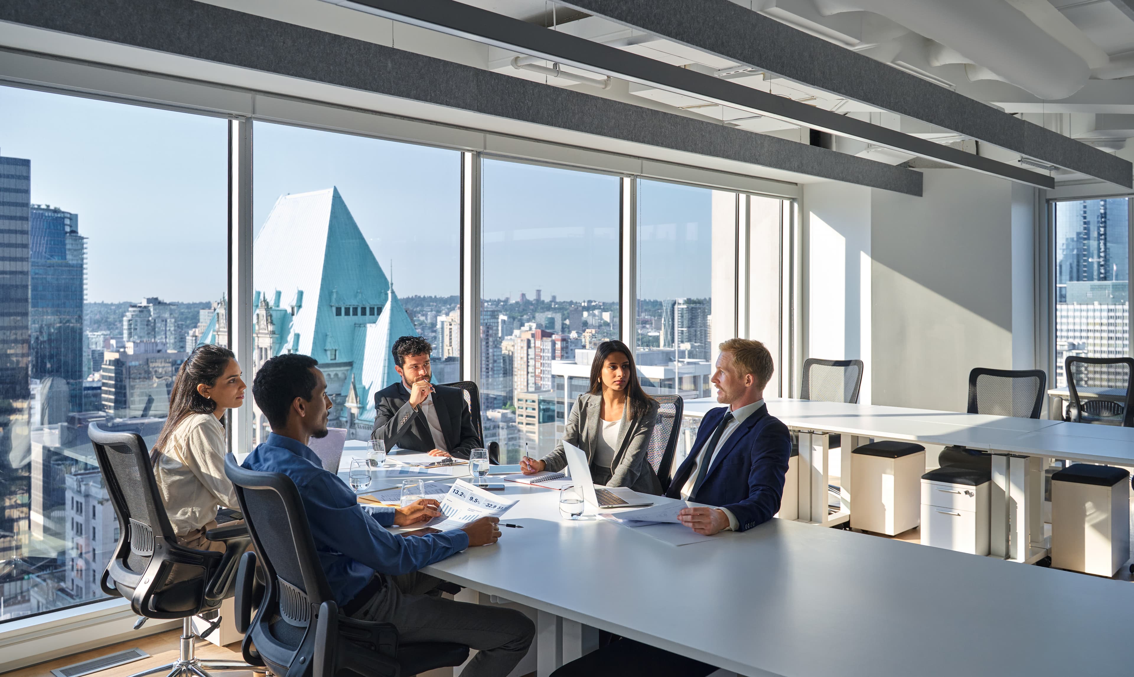 A team of business professionals in a meeting discussing market entry strategy