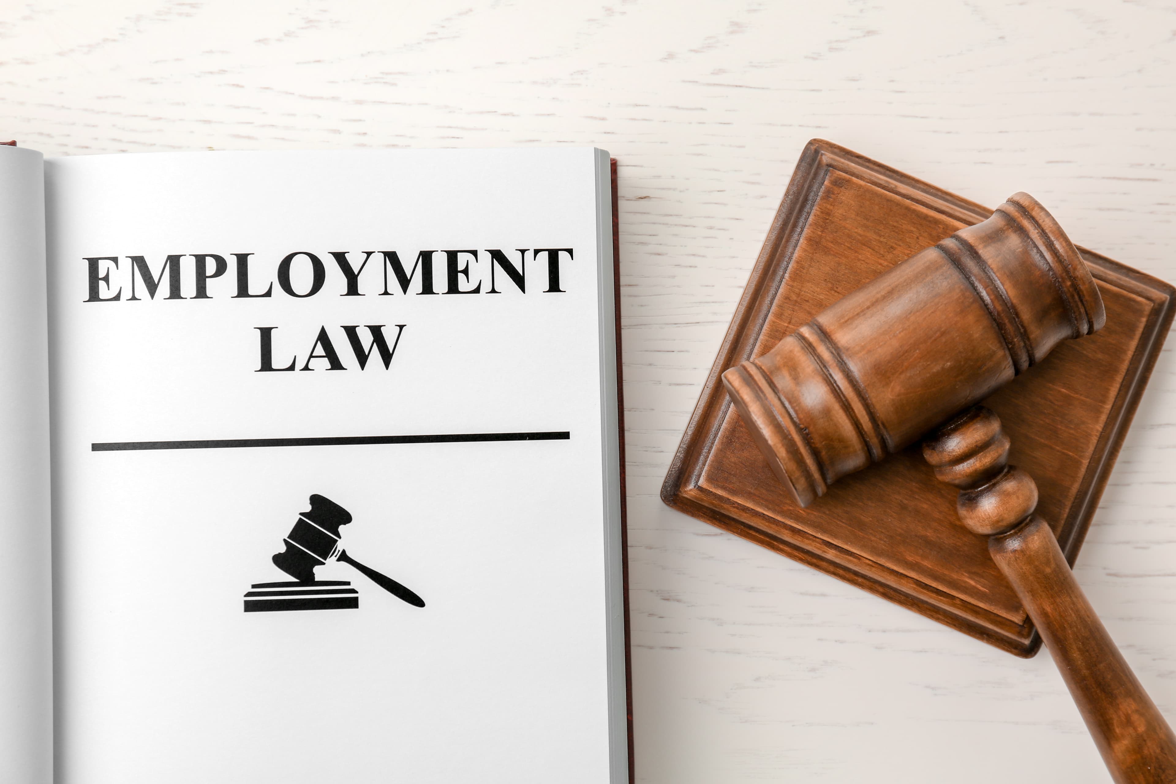 An open law book with the words Employment Law beside a judge's gavel